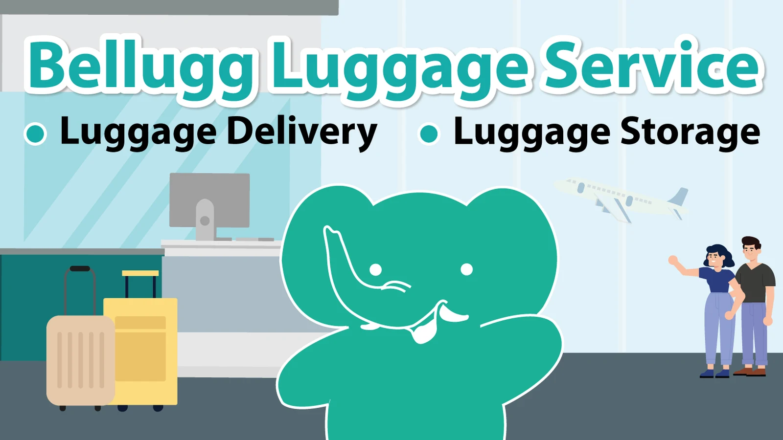 ภาพประกอบ Bellugg Luggage Service มาสคอตช้างเขียวที่เคาน์เตอร์รับฝากและส่งกระเป๋า