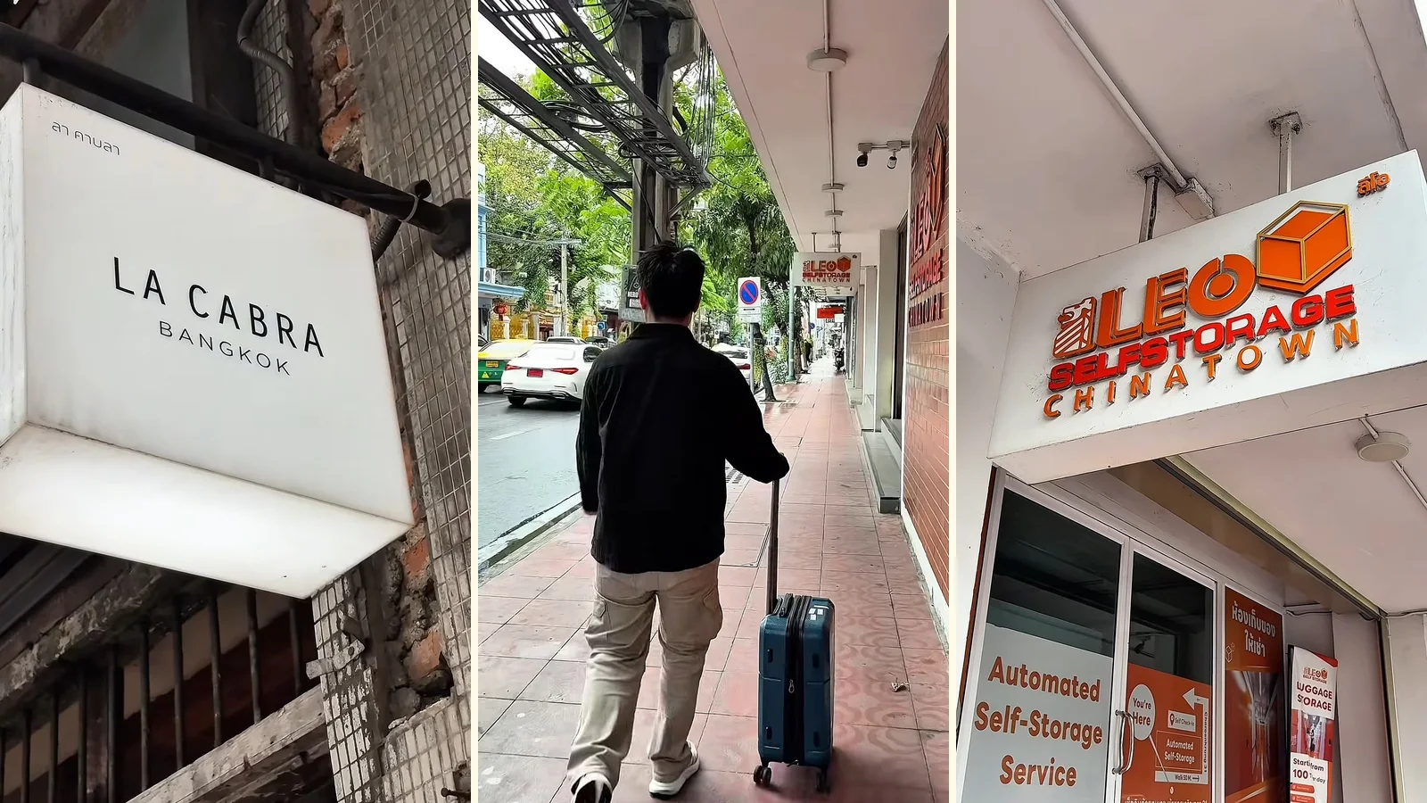 ป้าย La Cabra Bangkok คนลากกระเป๋าเดินบนทางเท้าถนนเจริญกรุง และหน้าร้าน LEO Self Storage Chinatown จุดฝากกระเป๋า Bellugg