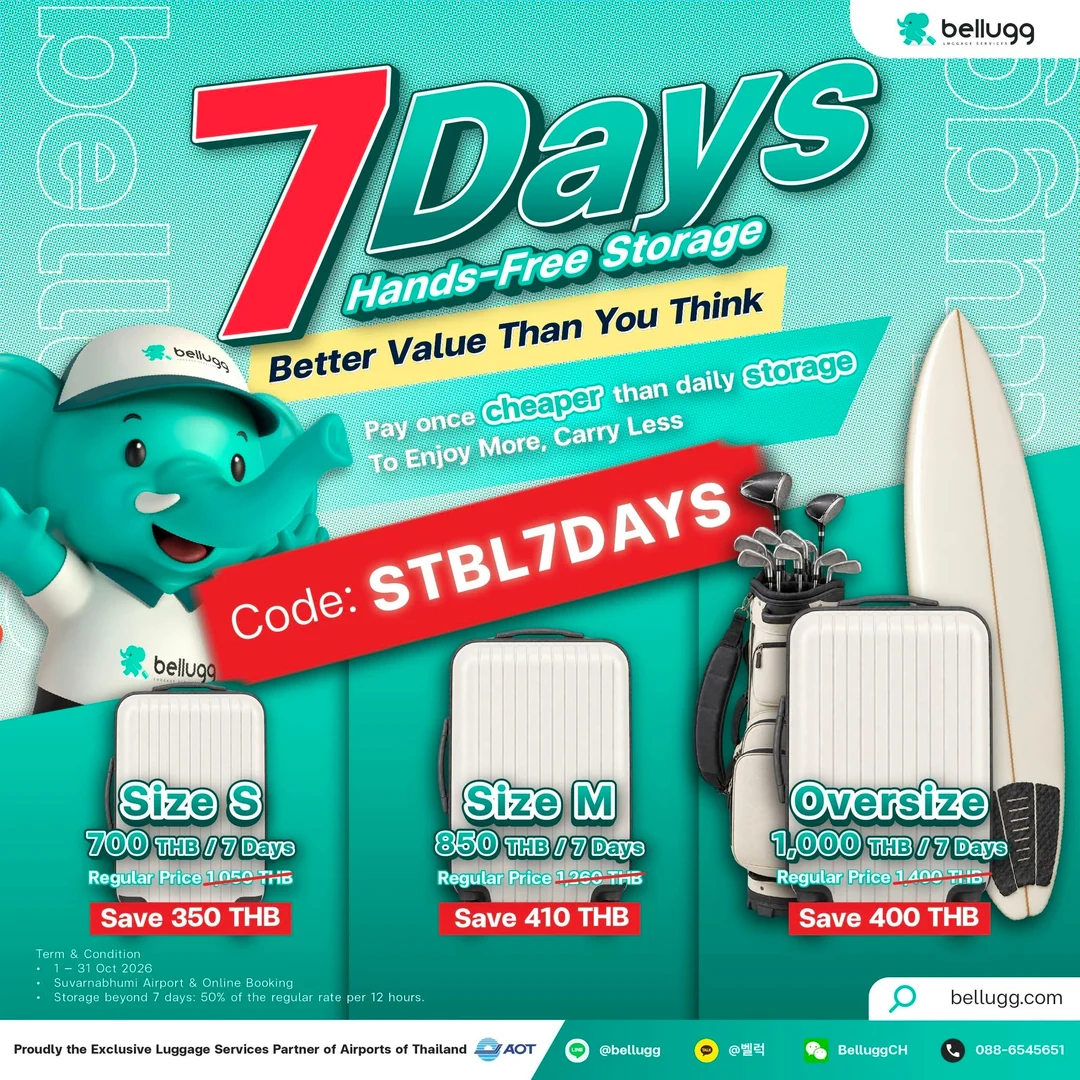 โปสเตอร์ Bellugg 7 Days Hands-Free Storage ฝากกระเป๋า 7 วัน ไซซ์ S M และ Oversize
