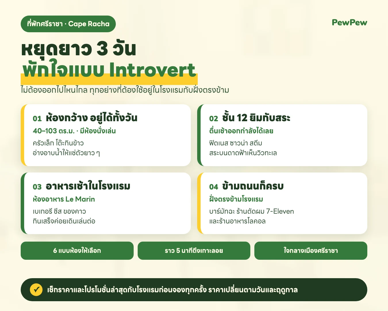 อินโฟกราฟิกพักใจหยุดยาว 3 วันแบบ Introvert ที่ Cape Racha ศรีราชา: ห้องกว้าง 40–103 ตร.ม. มีครัวและอ่าง ชั้น 12 มียิมและสระ อาหารเช้าที่ Le Marin ฝั่งตรงข้ามมีบาร์มัทฉะ ร้านตัดผม 7-Eleven และร้านอาหารโลคอล