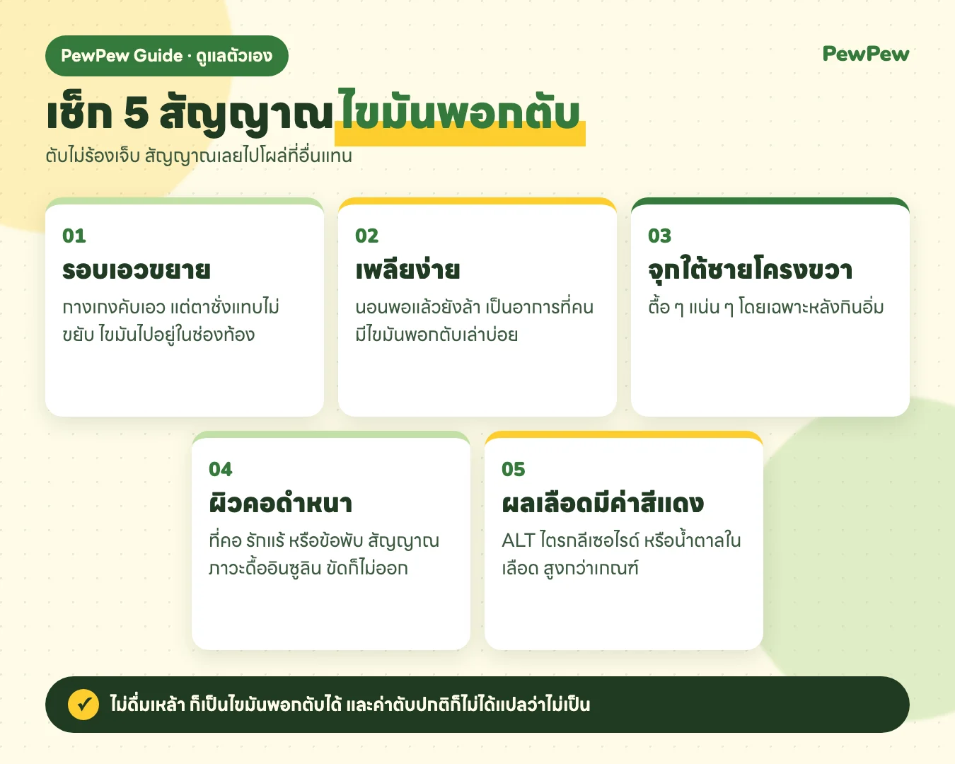 อินโฟกราฟิก 5 สัญญาณไขมันพอกตับ รอบเอวขยาย เพลียง่าย จุกใต้ชายโครงขวา ผิวคอดำหนา และผลเลือดผิดปกติ