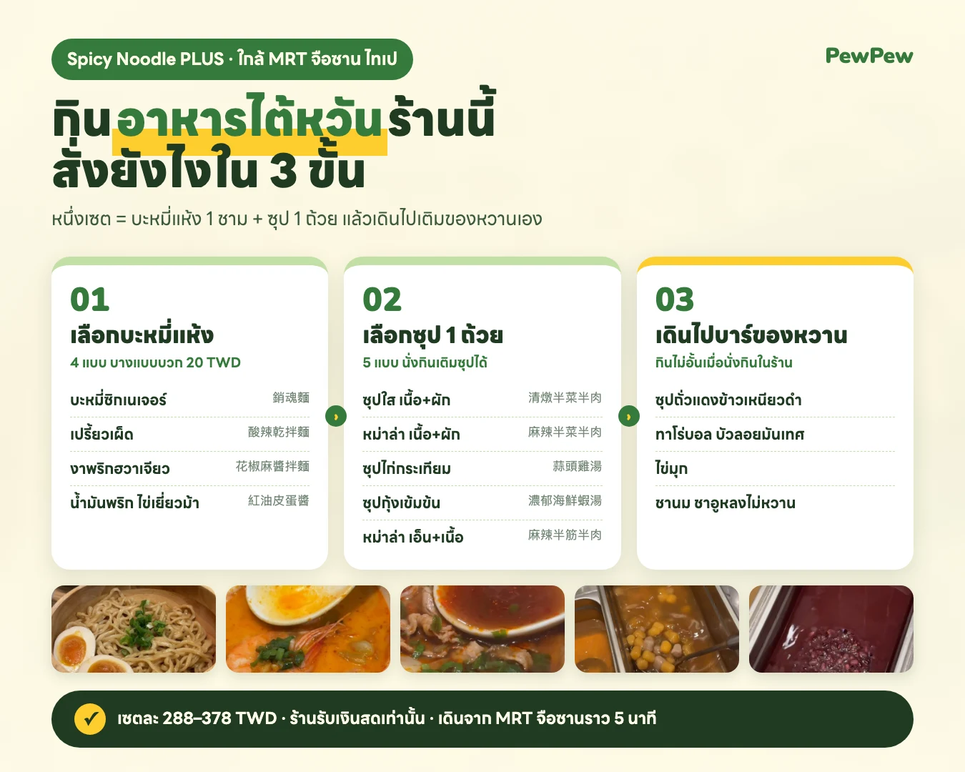 อินโฟกราฟิกสั่งอาหารไต้หวันร้าน Spicy Noodle 3 ขั้น เลือกบะหมี่แห้ง 4 แบบ เลือกซุป 5 แบบ เดินไปบาร์ของหวาน เซตละ 288-378 TWD เงินสดเท่านั้น