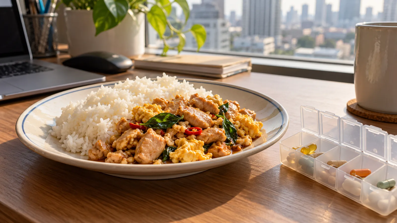 ข้าวกะเพราไข่คนบนโต๊ะทำงาน ข้างจานมีตลับแบ่งวิตามินรวม