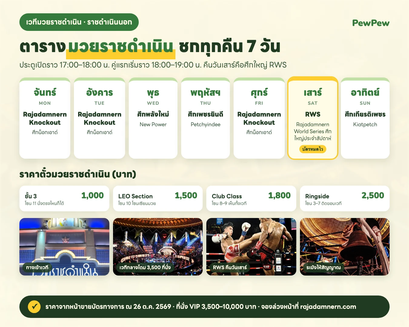 อินโฟกราฟิกตารางมวยราชดำเนิน ชกทุกคืน 7 วัน จันทร์ อังคาร ศุกร์ Rajadamnern Knockout พุธ ศึกพลังใหม่ พฤหัสบดี ศึกเพชรยินดี เสาร์ RWS อาทิตย์ ศึกเกียรติเพชร พร้อมราคาตั๋ว ชั้น 3 1,000 บาท LEO Section 1,500 บาท Club Class 1,800 บาท Ringside 2,500 บาท