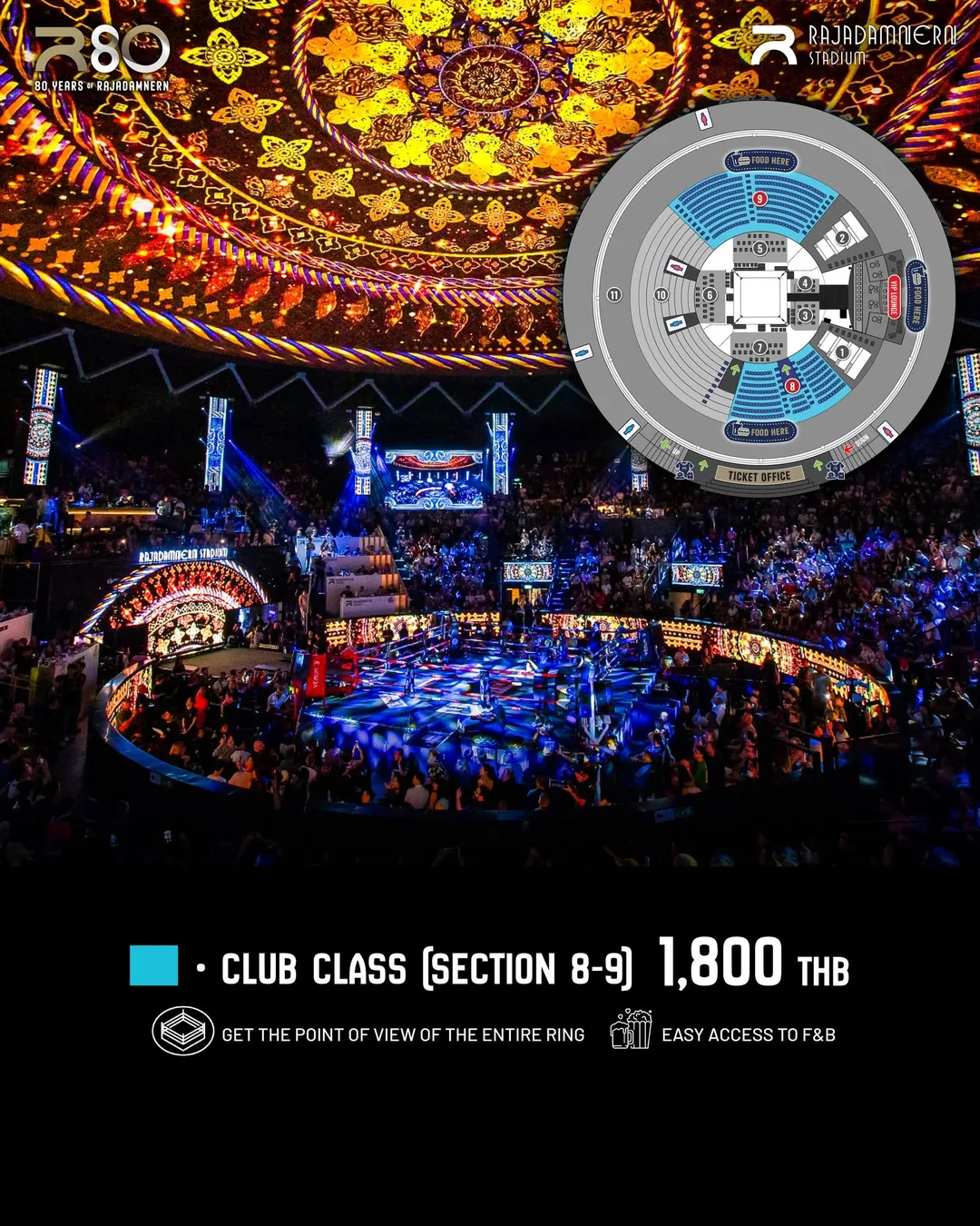 มุมมองจากที่นั่ง Club Class โซน 8–9 เวทีมวยราชดำเนิน ราคา 1,800 บาท