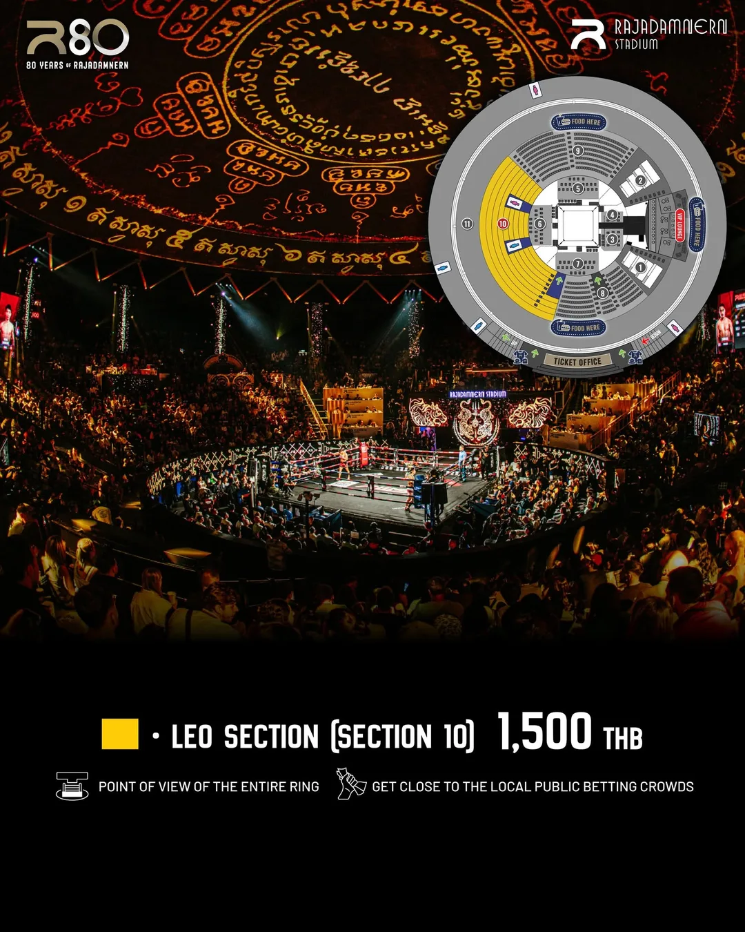 มุมมองจากโซน LEO Section โซน 10 เวทีมวยราชดำเนิน ราคา 1,500 บาท