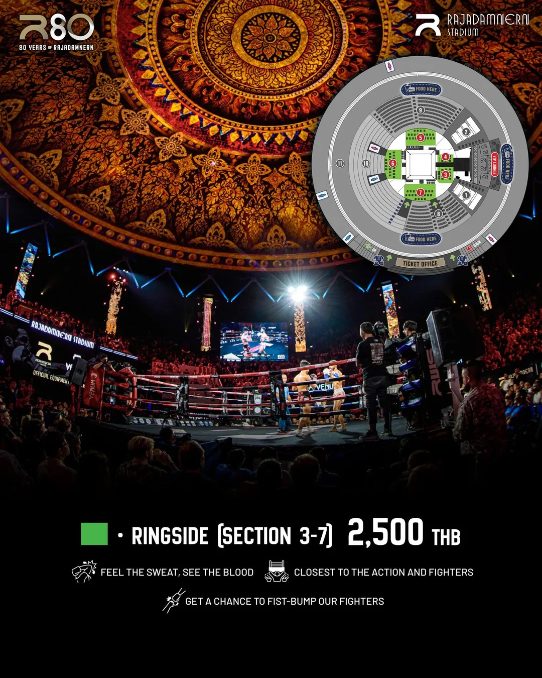 มุมมองจากที่นั่ง Ringside โซน 3–7 ติดขอบเวทีมวยราชดำเนิน ราคา 2,500 บาท