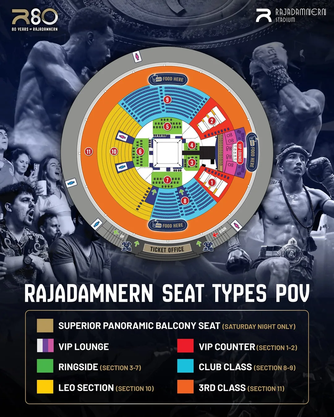 ผังที่นั่งเวทีมวยราชดำเนิน แบ่งสีตามโซน Superior Panoramic Balcony, VIP Lounge, Ringside, LEO Section, VIP Counter, Club Class และ 3rd Class