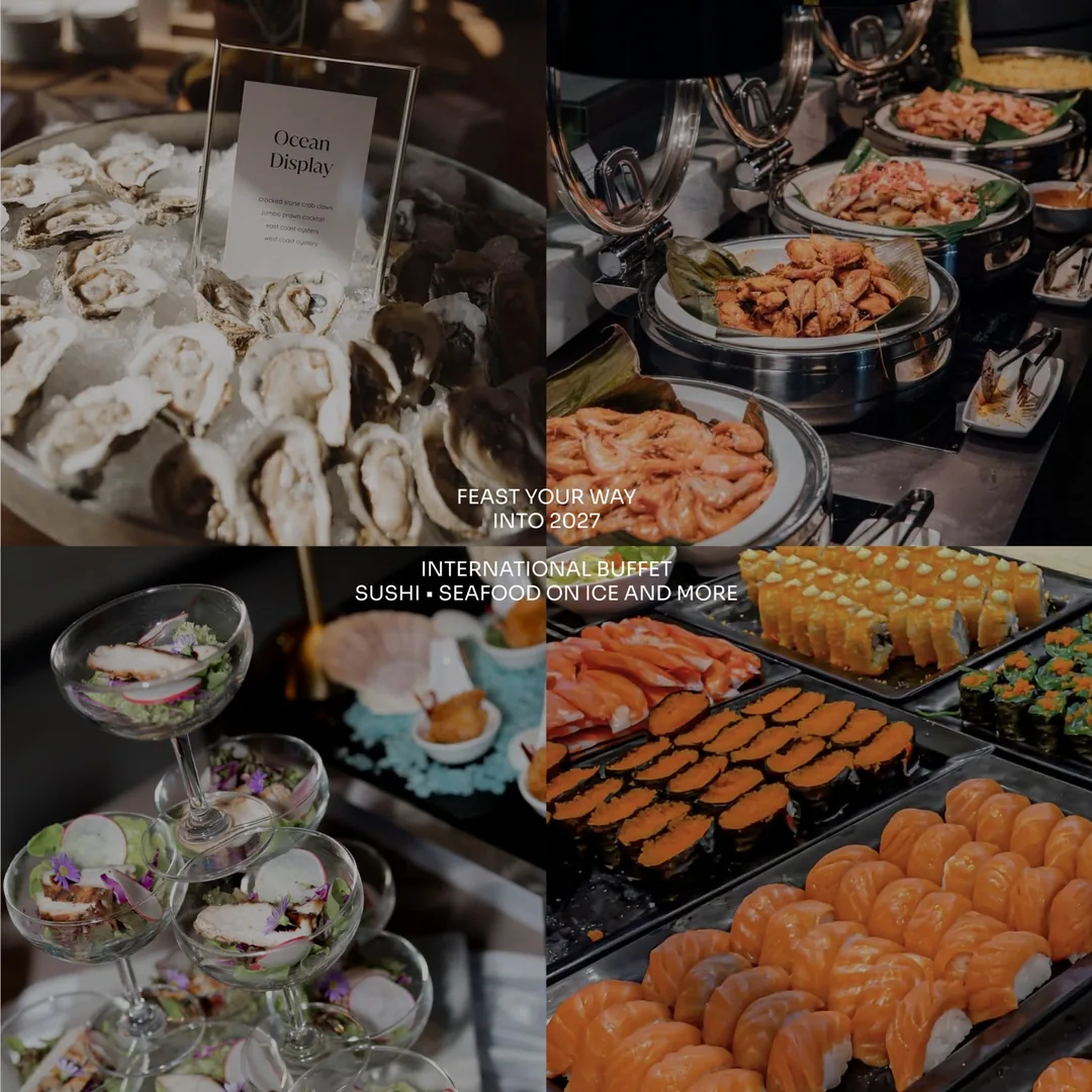 บุฟเฟต์นานาชาติงานเคานต์ดาวน์ RARIN หอยนางรม กุ้ง ซาชิมิ และซูชิ