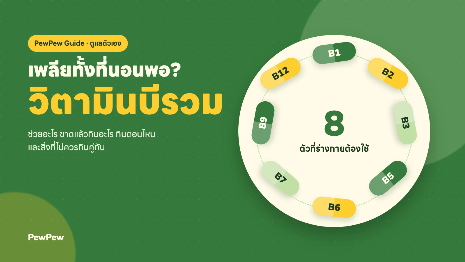ปกบทความ เพลียทั้งที่นอนพอ? วิตามินบีรวม 8 ตัวที่ร่างกายต้องใช้ แคปซูล B1 ถึง B12 เรียงเป็นวงกลม