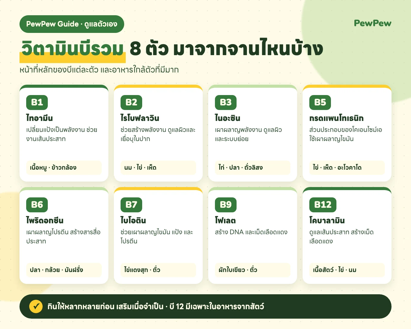 อินโฟกราฟิก วิตามินบีรวม 8 ตัว มาจากจานไหนบ้าง หน้าที่หลักของ B1 B2 B3 B5 B6 B7 B9 B12 และอาหารที่พบมาก