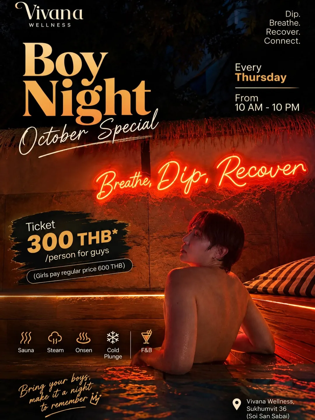 ผู้ชายนั่งในห้องซาวน่าไม้ไฟส้ม ป้ายไฟนีออน Breathe Dip Recover พร้อมโปร Boy Night 300 บาท