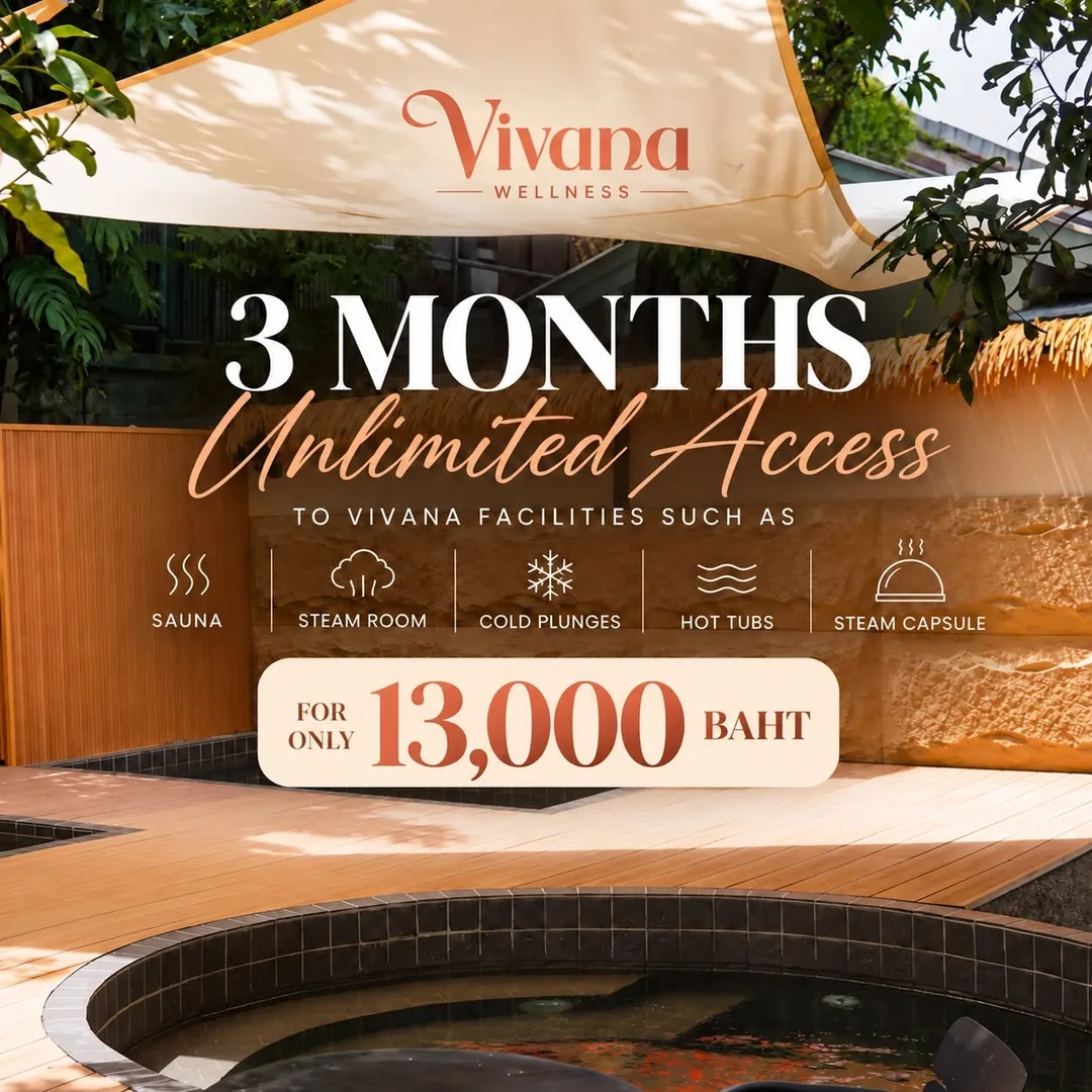 บ่อน้ำกลางแจ้งบนลานไม้ใต้ผ้าใบบังแดด โปสเตอร์แพ็กเกจ 3 เดือน 13,000 บาท