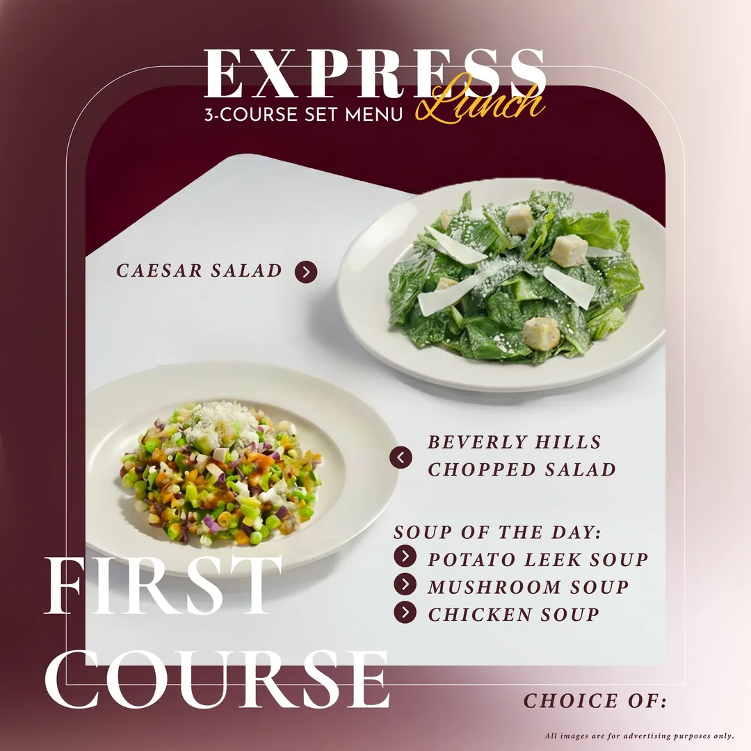 คอร์สแรกของ Express Lunch ซีซาร์สลัด บีเวอร์ลีฮิลส์ชอปสลัด และซุปประจำวัน