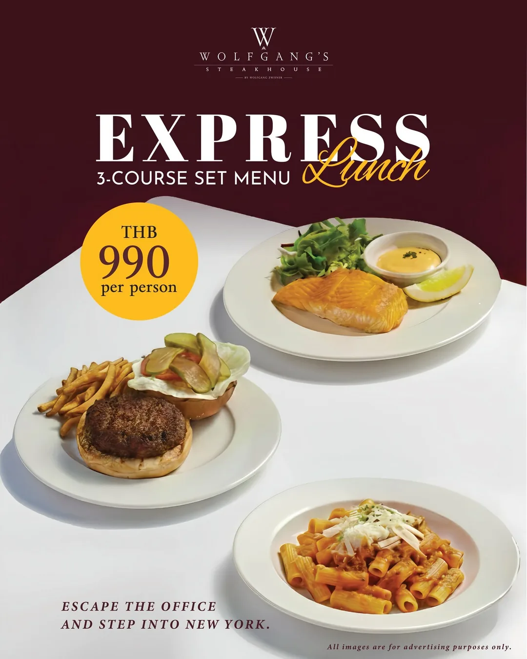 โปสเตอร์ Express Lunch 3-Course Set Menu ราคา 990 บาทต่อคน เบอร์เกอร์ แซลมอน และริกาโทนี