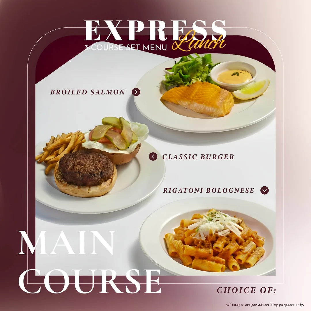จานหลักของ Express Lunch แซลมอนย่าง คลาสสิกเบอร์เกอร์ และริกาโทนีโบโลเนส